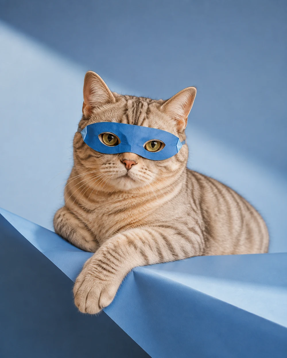 Nola, a cream and silver tabby in a folded blue paper eye mask, resting one paw over a blue paper plinth in the sunlight.